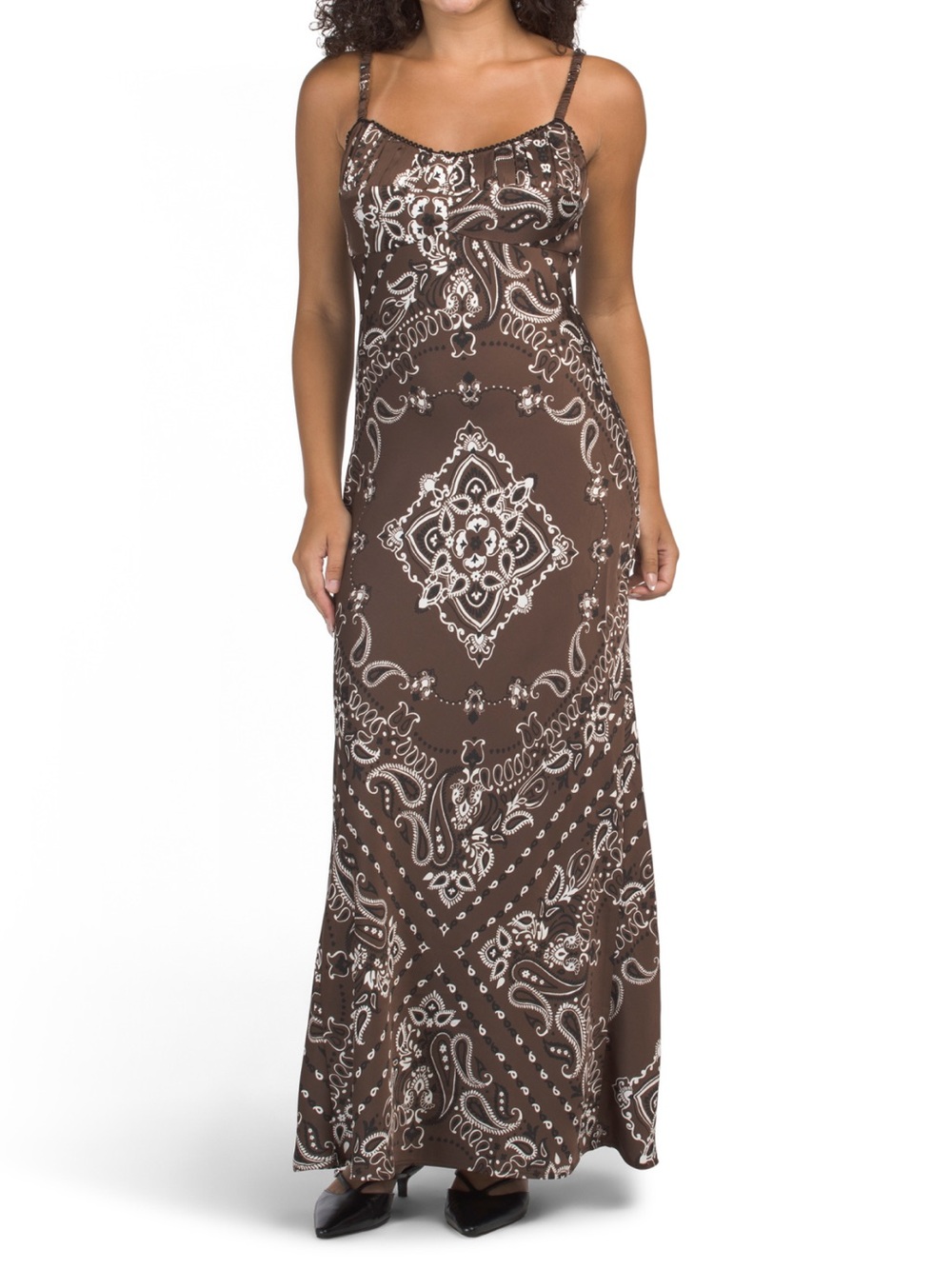 🐒 Camila Coelho Bandana Brown Paisley Slip Maxi Dress with Cream Accents - Picture 2 of 4